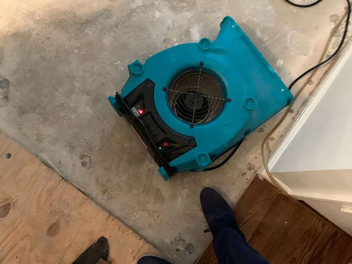 Air mover drying subfloor during Leak Detection & Repair in Howland Center